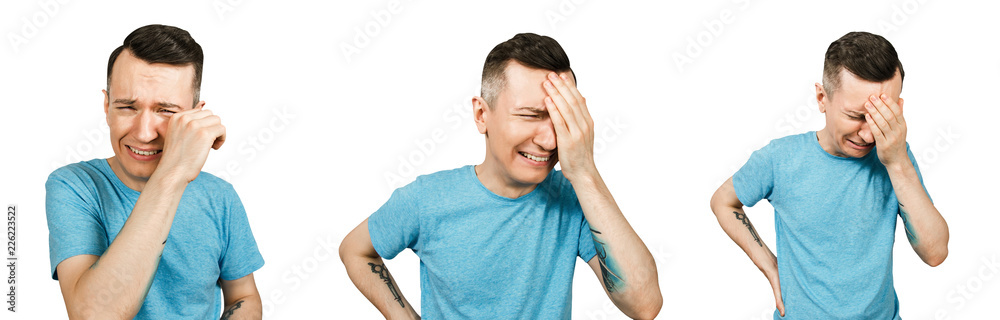 Set of portraits of young crying guy isolated on a white background. Set of portraits of young crying guy isolated on a white background.
