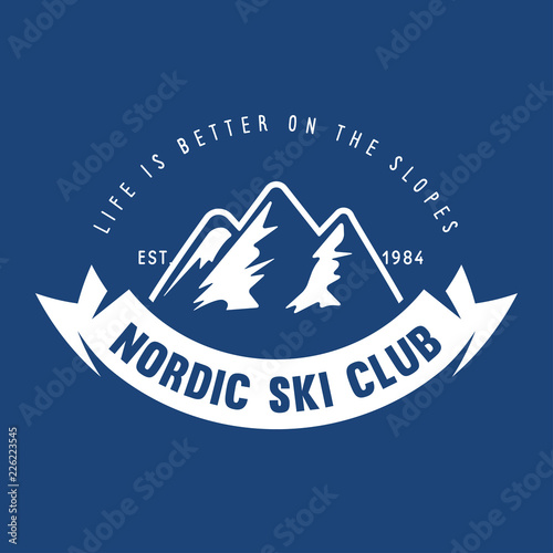 Vintage ski or winter sports logo, badge, emblem, design element. Vector illustration. Monochrome Graphic Art.