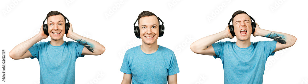 Set of portraits of young joyful guy in a headphones listening music isolated on a white background.
