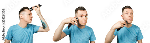 Set of portraits of a young guy doing a haircut to himself isolated on a white background.