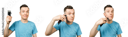 Set of portraits of young guy shaving beard isolated on a white background.