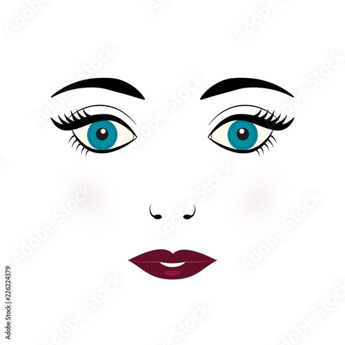 Cute young woman face vector illustration. Doll face with blue eyes  eyelashes  eyebrows and burgundy red lips on white background.