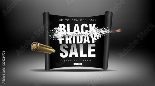 Black Friday sale. Blast wave with flying particles. Shot at prices with a flying bullet, creative template.