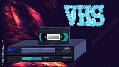 Old retro wines antique analog hipster video recorder with magnetic video tape for watching movies and the inscription VHS on the abstract energy background