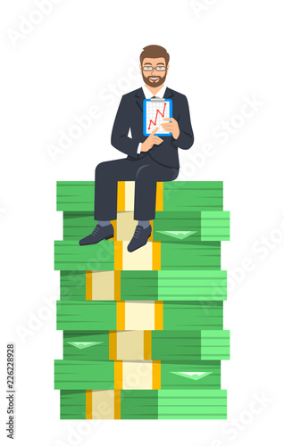 Businessman in business suit sitting on a top of stack of paper money and showing a graph of income growth. Financial success concept. Vector flat illustration. Company development strategy