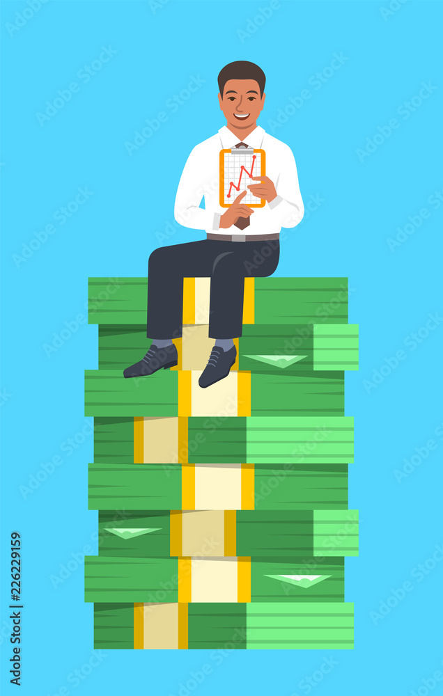 Black businessman sitting on a top of stack of paper money and showing ...