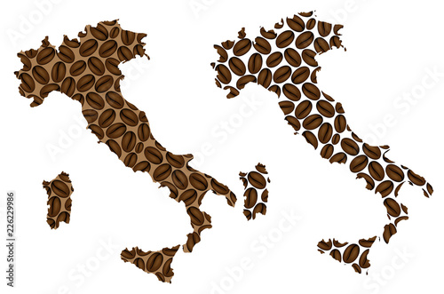 Italy - map of coffee bean, Italian Republic (Italian or Apennine Peninsula) map made of coffee beans, photo