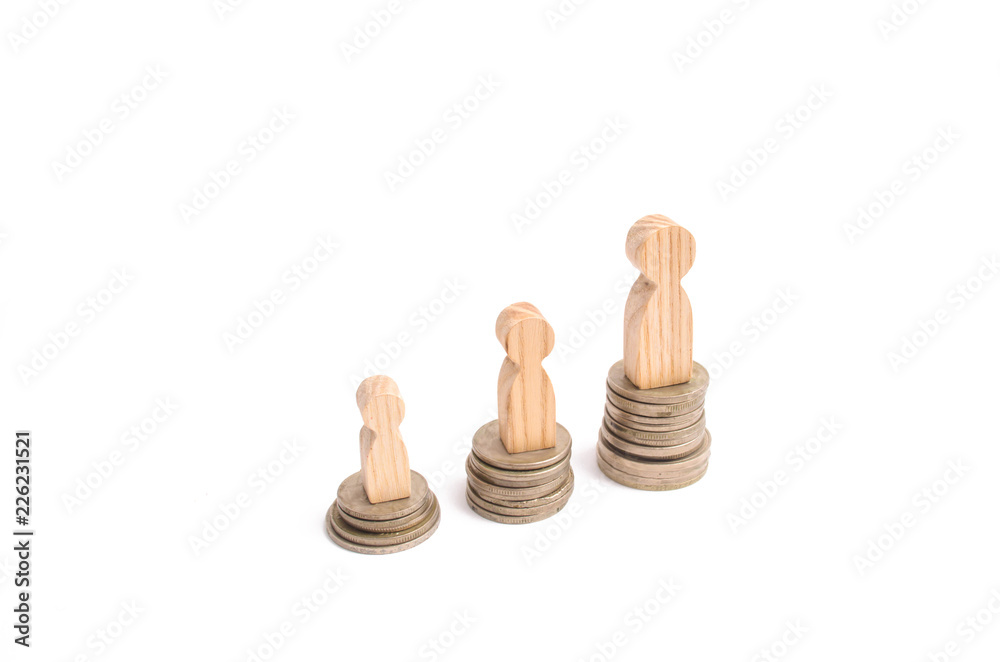 People stand on piles of coins. The concept of increasing wages and expenses for workers. The growth of social standards. Career growth and promotion. Hard work pays off People stand on piles of coins. The concept of increasing wages and expenses for workers. The growth of social standards. Career growth and promotion. Hard work pays off