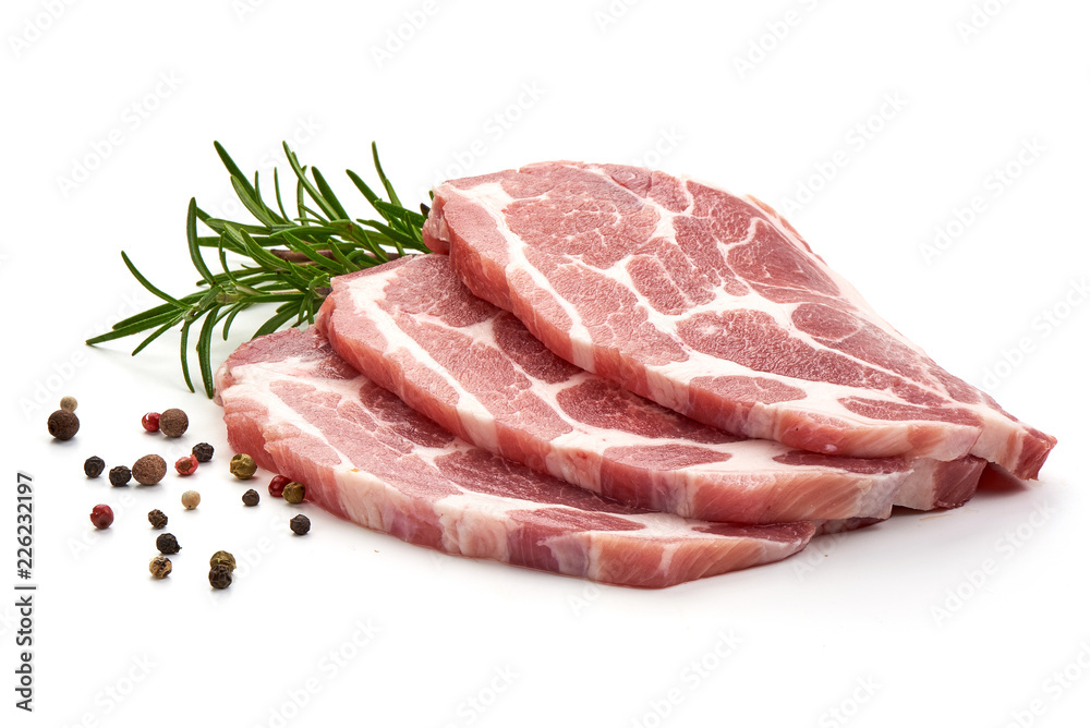 Meat, pork, slices pork loin with herbs and peppercorns, isolated on a white background. Meat, pork, slices pork loin with herbs and peppercorns, isolated on a white background.