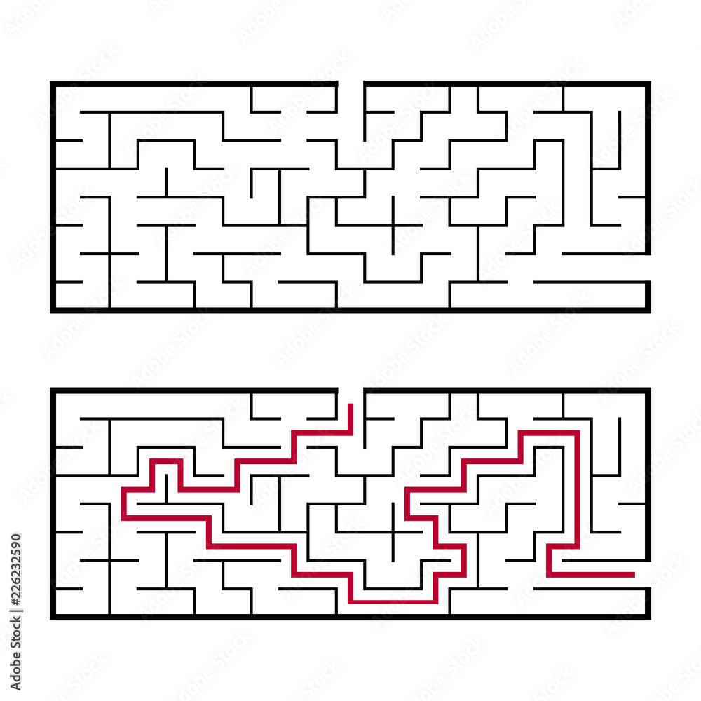 Black rectangular labyrinth with an input and an exit. An interesting and useful game for children. Simple flat vector illustration isolated on white background. With the answer. Black rectangular labyrinth with an input and an exit. An interesting and useful game for children. Simple flat vector illustration isolated on white background. With the answer.