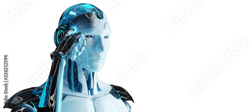 Fototapeta Naklejka Na Ścianę i Meble -  White male cyborg thinking and touching his head 3D rendering