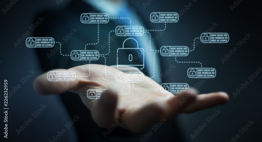 Businessman protecting his datas with thin line security interface Businessman protecting his datas with thin line security interface