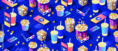seamless pattern on dark background. Popcorn, cola, 3d movie eyeglasses and smartphone. Bright modern cinema texture. Isometric 3d