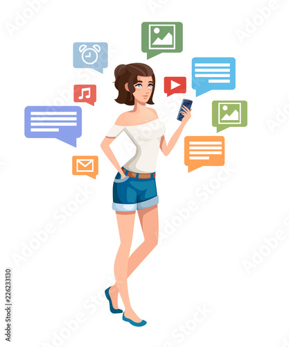 Beautiful girl stand with smartphone. Cartoon character design. Female with white top and blue shorts. Mobile app and sms. Flat vector illustration isolated on white background © Alfmaler