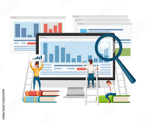 Language school concept banner. Monitor, books, and humans. Online education concept. Flat vector illustration on white background. Website page and mobile app design