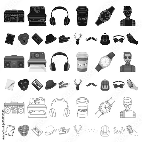 Style Hipster cartoon icons in set collection for design. Hipster Attributes and accessories vector symbol stock web illustration.