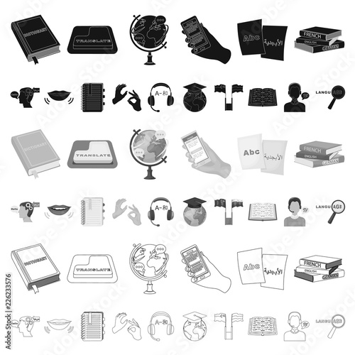 Translator and linguist cartoon icons in set collection for design. Interpreter vector symbol stock web illustration.