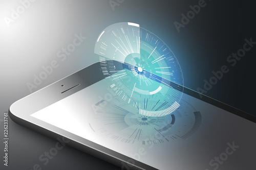 Augmented reality marketing concept. Black color smart phone with abstract tech design graphic element. AR application background. 3D vector illustration.