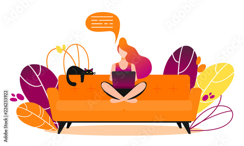 Concept of couchsurfing character. Woman sitting on couch and chatting on social media with laptop.