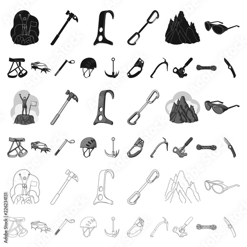 Mountaineering and climbing cartoon icons in set collection for design. Equipment and accessories vector symbol stock web illustration.