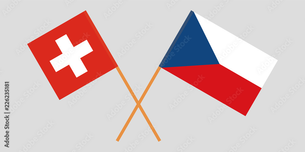 Crossed  flags of Czech Republic and Switzerland. Official colors. Correct proportion. Vector