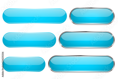 Blue glass 3d buttons. Oval icons set