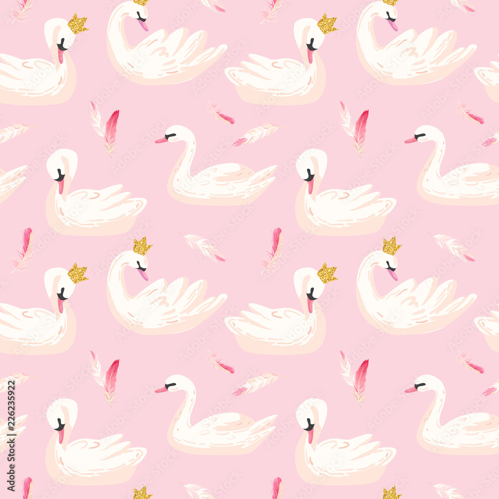 Fototapeta premium Beautiful Seamless Pattern with white Swans and pink Feathers, use for Baby Background, Textile Prints, Covers, Wallpaper, Posters. Vector Illustration