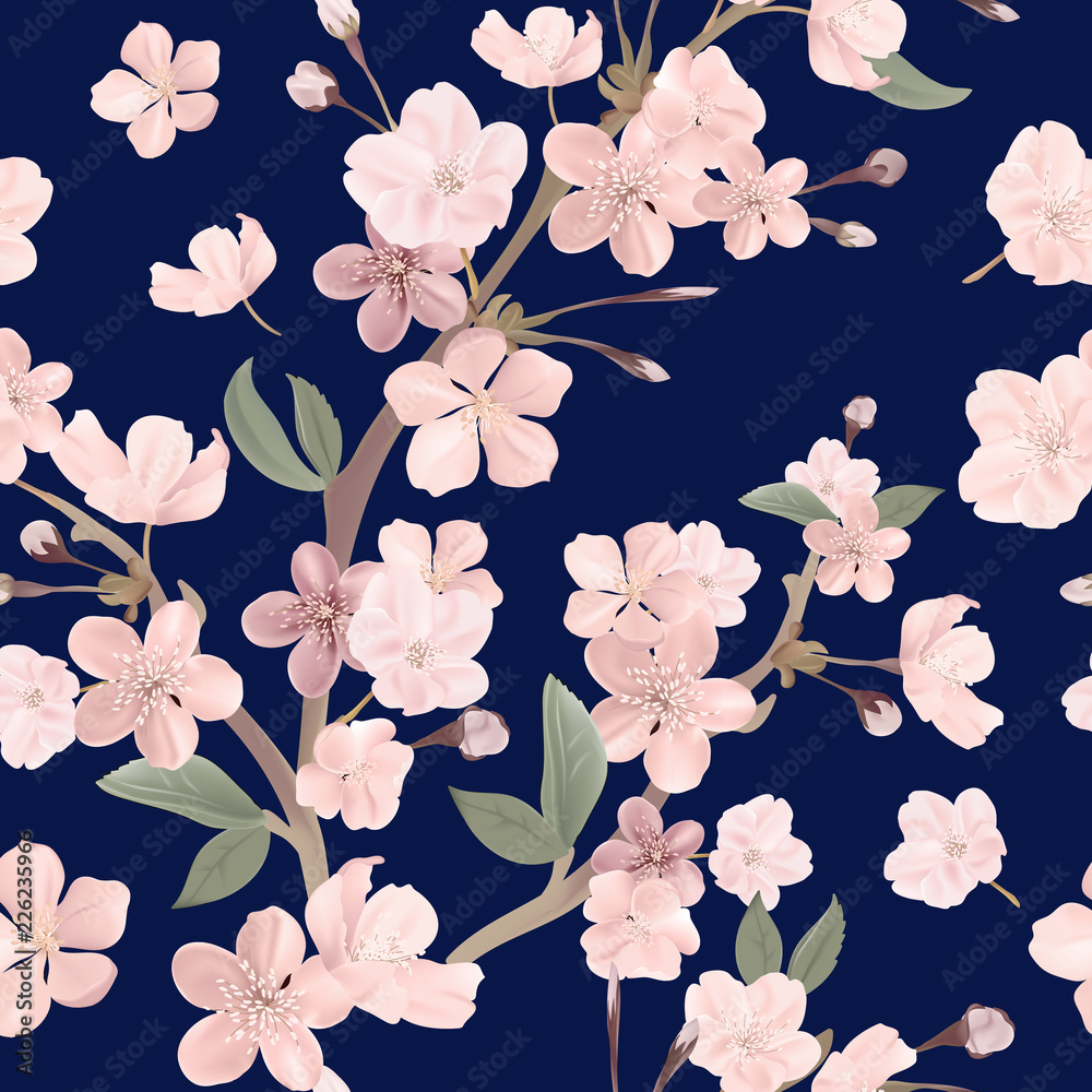 Fototapeta premium Floral retro seamless pattern, cherry or sakura flowers background, pastel vintage illustration in vector