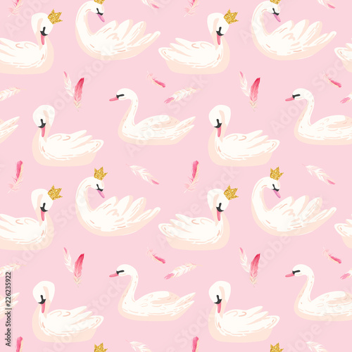 Beautiful Seamless Pattern with white Swans and pink Feathers, use for Baby Background, Textile Prints, Covers, Wallpaper, Posters. Vector Illustration