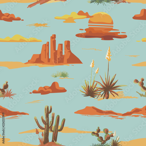 Vintage beautiful seamless desert illustration pattern. Landscape with cactus, mountains, sunset vector hand drawn style background