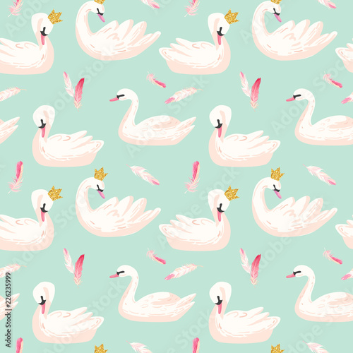 Beautiful Seamless Pattern with white Swans and pink Feathers, use for Baby Background, Textile Prints, Covers, Wallpaper, Posters. Vector Illustration