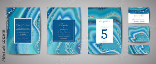 Set of wedding agate geode template cards, save the date invitations, artistic cover design, colorful marble texture, realistic backgrounds. Trendy pattern, geometric brochure. Vector illustration.