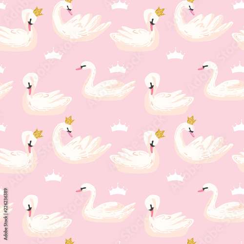Beautiful Seamless Pattern with white Swans and Crowns, use for Baby Background, Textile Prints, Covers, Wallpaper, Posters. Vector Illustration