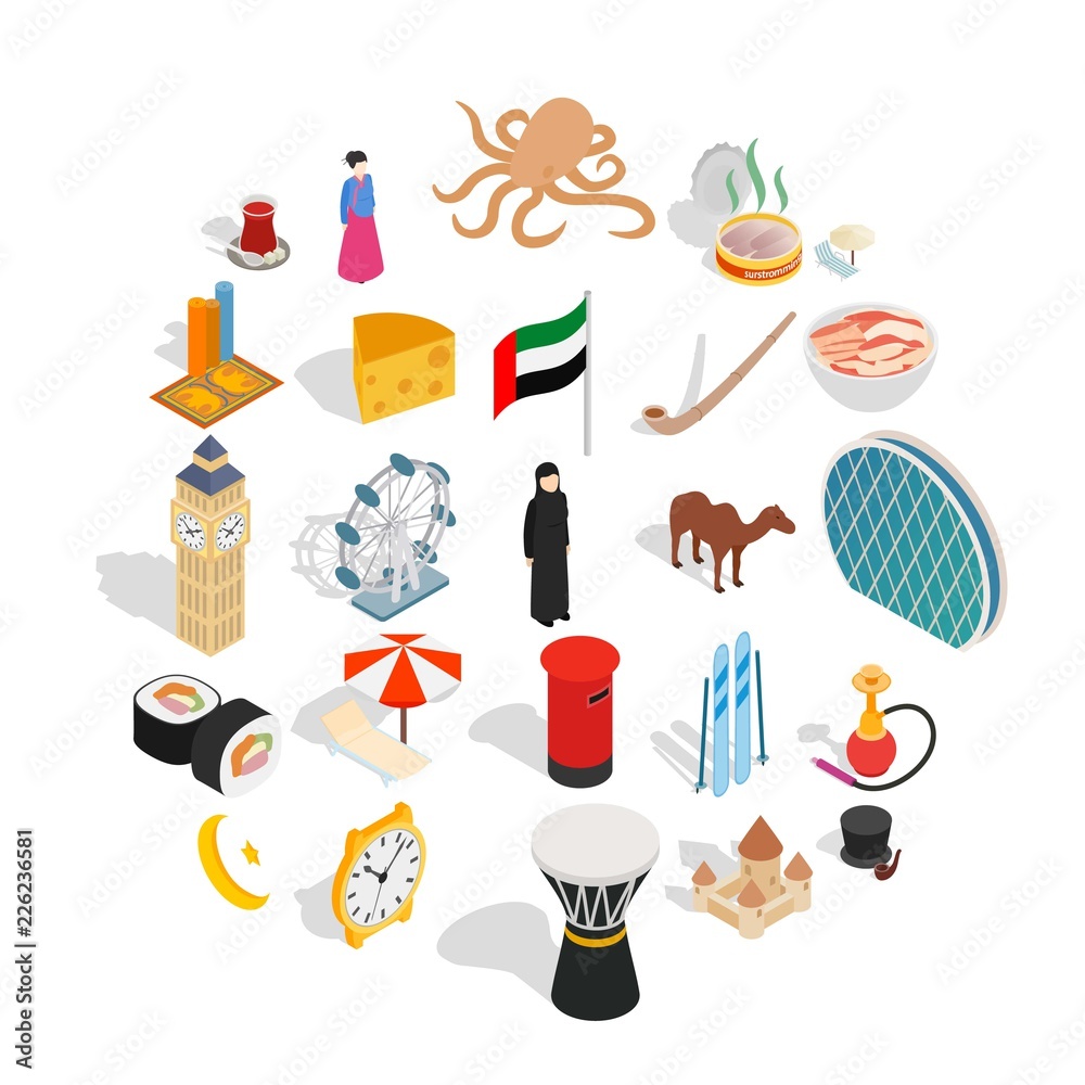 World food icons set. Isometric set of 25 world food vector icons for web isolated on white background