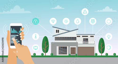 Vector illustration of smart house concept. Home technology system with smartphone control in flat cartoon style.