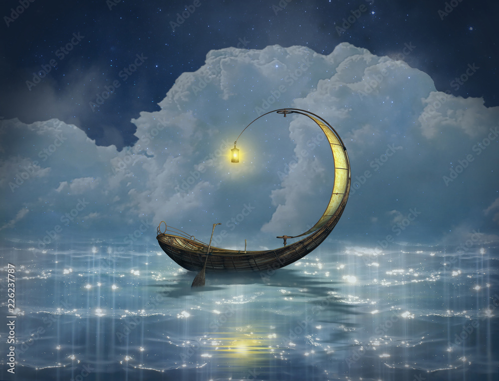 Obraz premium Fantazyjna łódź w gwiaździstą noc