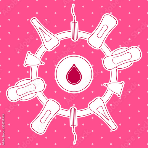 Vector illustration of feminine hygiene products for menstruation bleeding period. Sanitary pads, tampons and menstrual cup for personal sanitation. Woman critical days, hygiene protection.