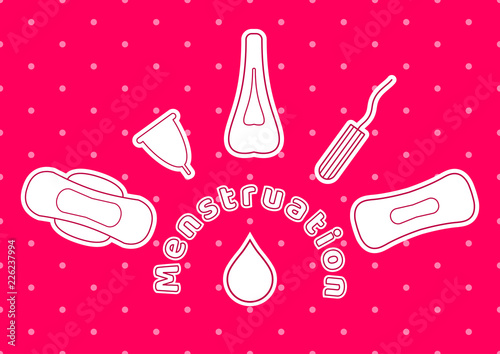 Vector illustration of feminine hygiene products for menstruation bleeding period. Sanitary pads, tampons and menstrual cup for personal sanitation. Woman critical days, hygiene protection.
