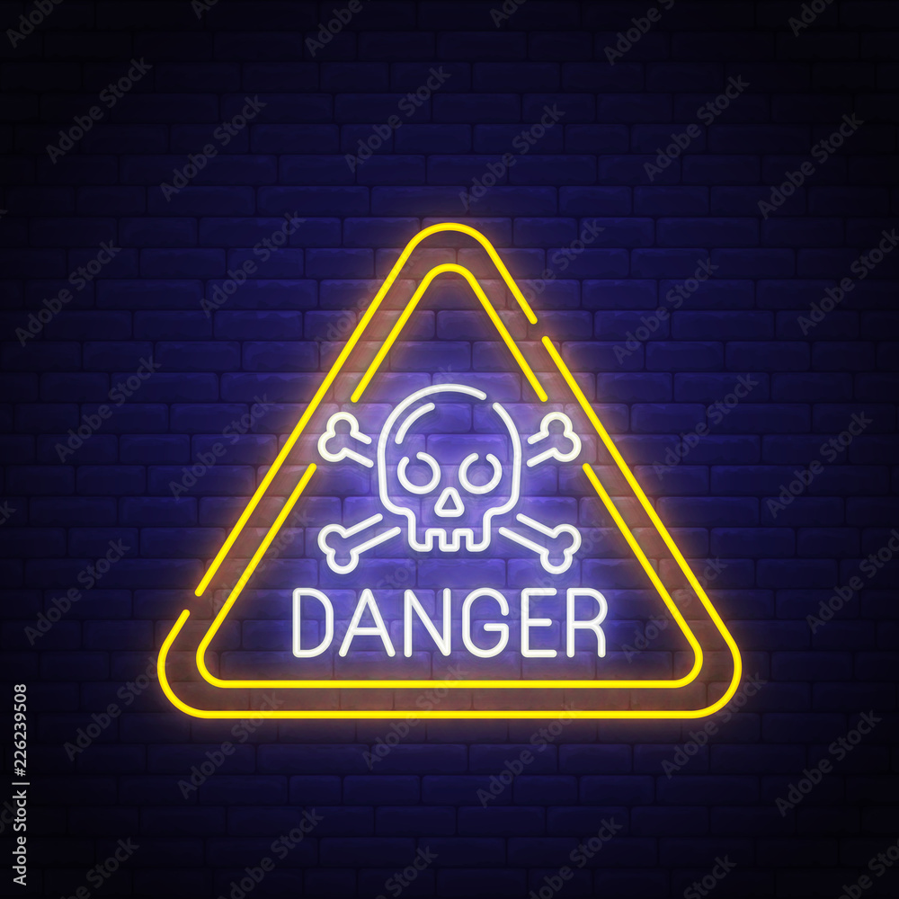 Danger sing neon sign, bright signboard, light banner. Danger logo, emblem. Vector illustration