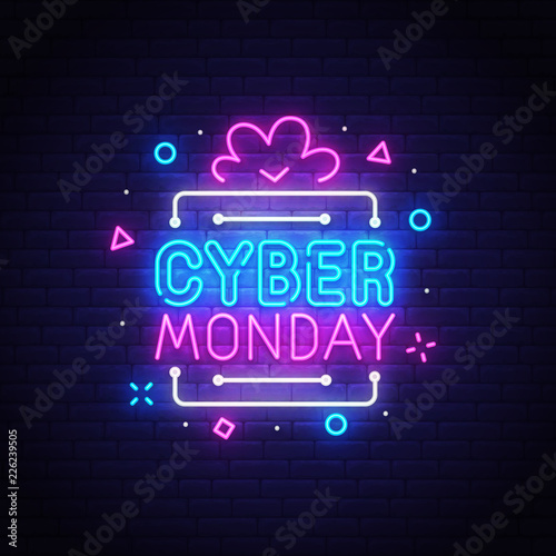 Cyber Monday neon sign, bright signboard, light banner. Discount, night sale logo, emblem. Vector illustration