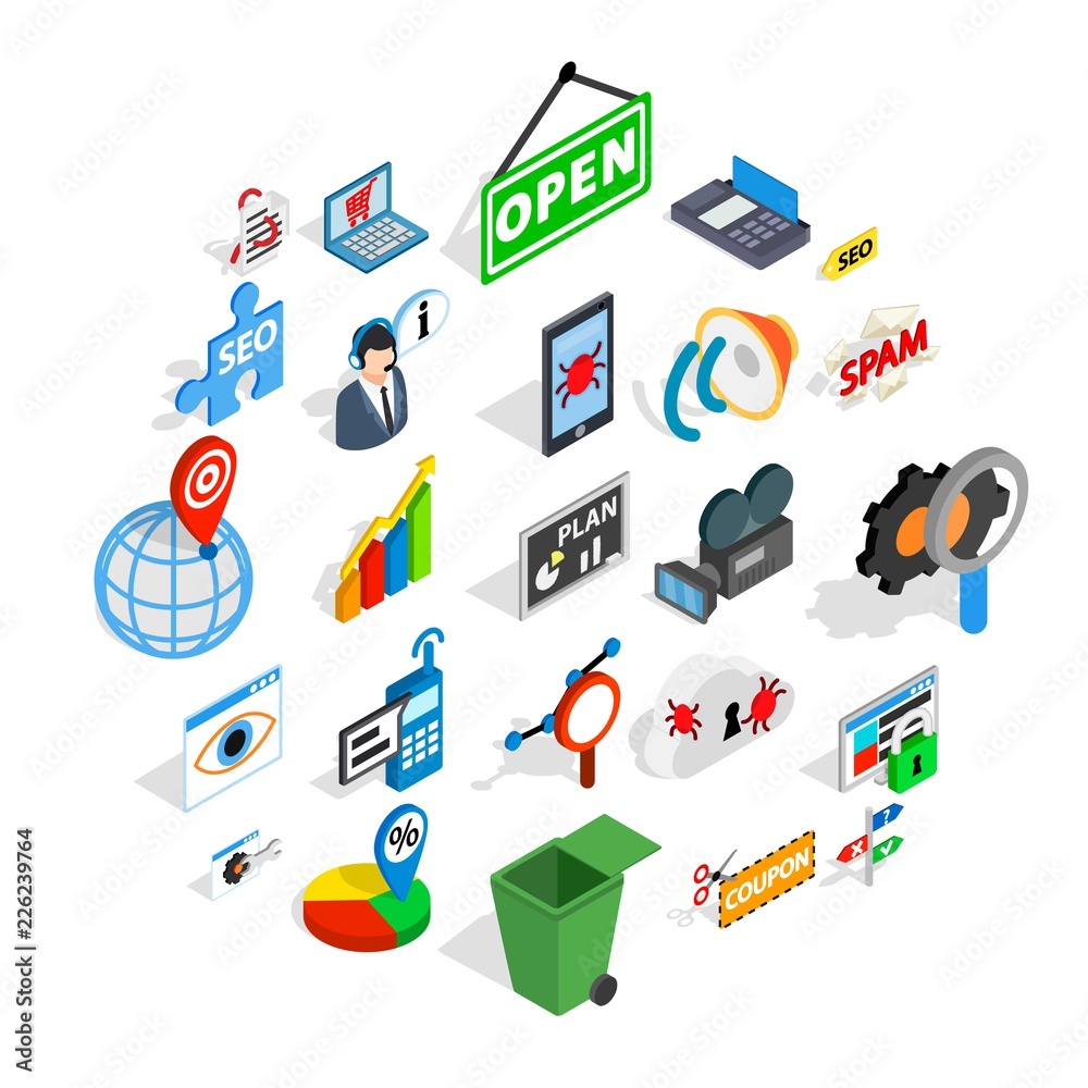SEO icons set. Isometric set of 25 SEO vector icons for web isolated on white background SEO icons set. Isometric set of 25 SEO vector icons for web isolated on white background