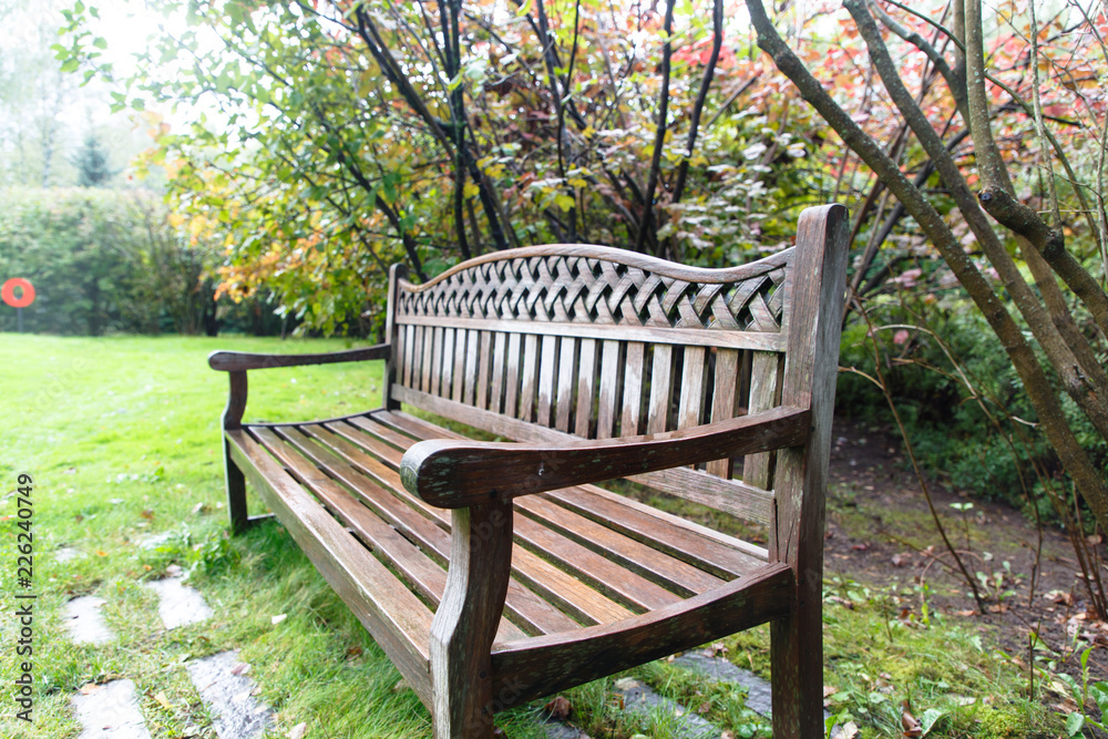 A wet wooden bench stands in the garden. A wet wooden bench stands in the garden.