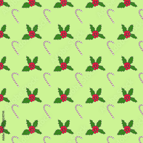 seamless Christmas pattern with holly and candy cane