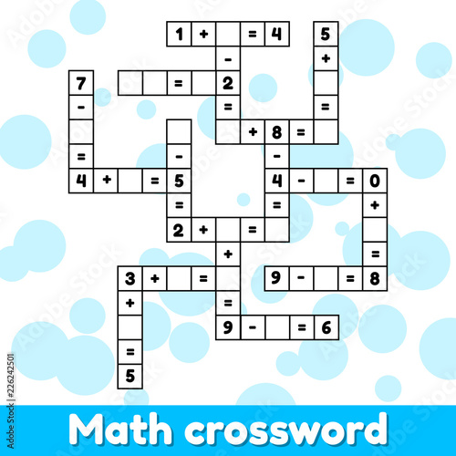 Math educational game for preschool and school age children. Vector illustration. Solve the crossword. Numbers. Addition and subtraction. Puzzle page.