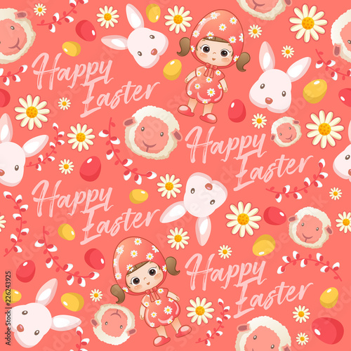 Baby girl in easter costume surrounding with easter colorful elements for Easter Card Template : Seamless Pattern : Vector Illustration