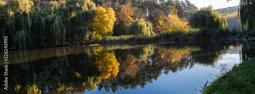 Autumn landscape. Yellow and green trees are reflected in the water.