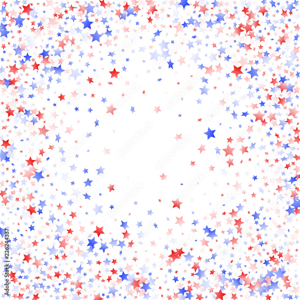 Flying red blue white star sparkles on white vector american patriotic background. Flying red blue white star sparkles on white vector american patriotic background.