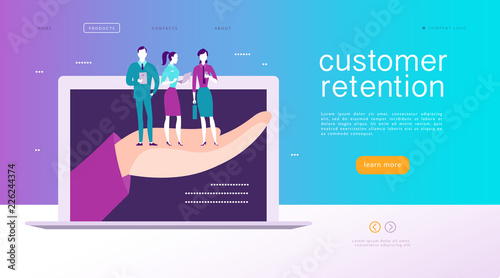 Vector web page concept design - customer retention theme. Buying happy people with sale bag stand on big human hand. Landing page, mobile app, site template. Business illustration. Inbound marketing.