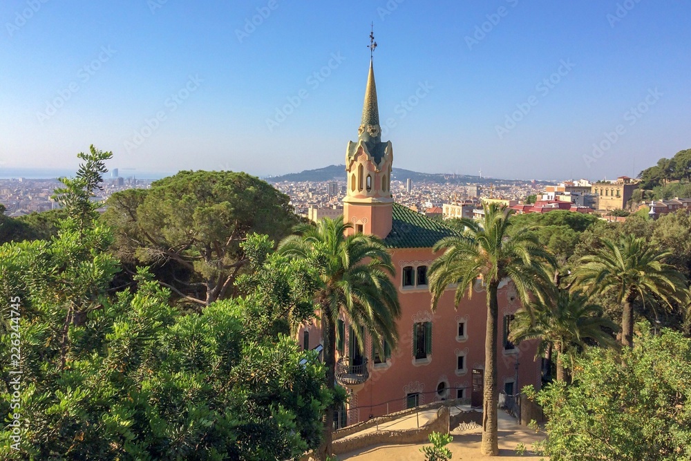 fairy-tale house with a tower, pink building with a tower and spire, sunny warm weather, panorama of the city, many plants