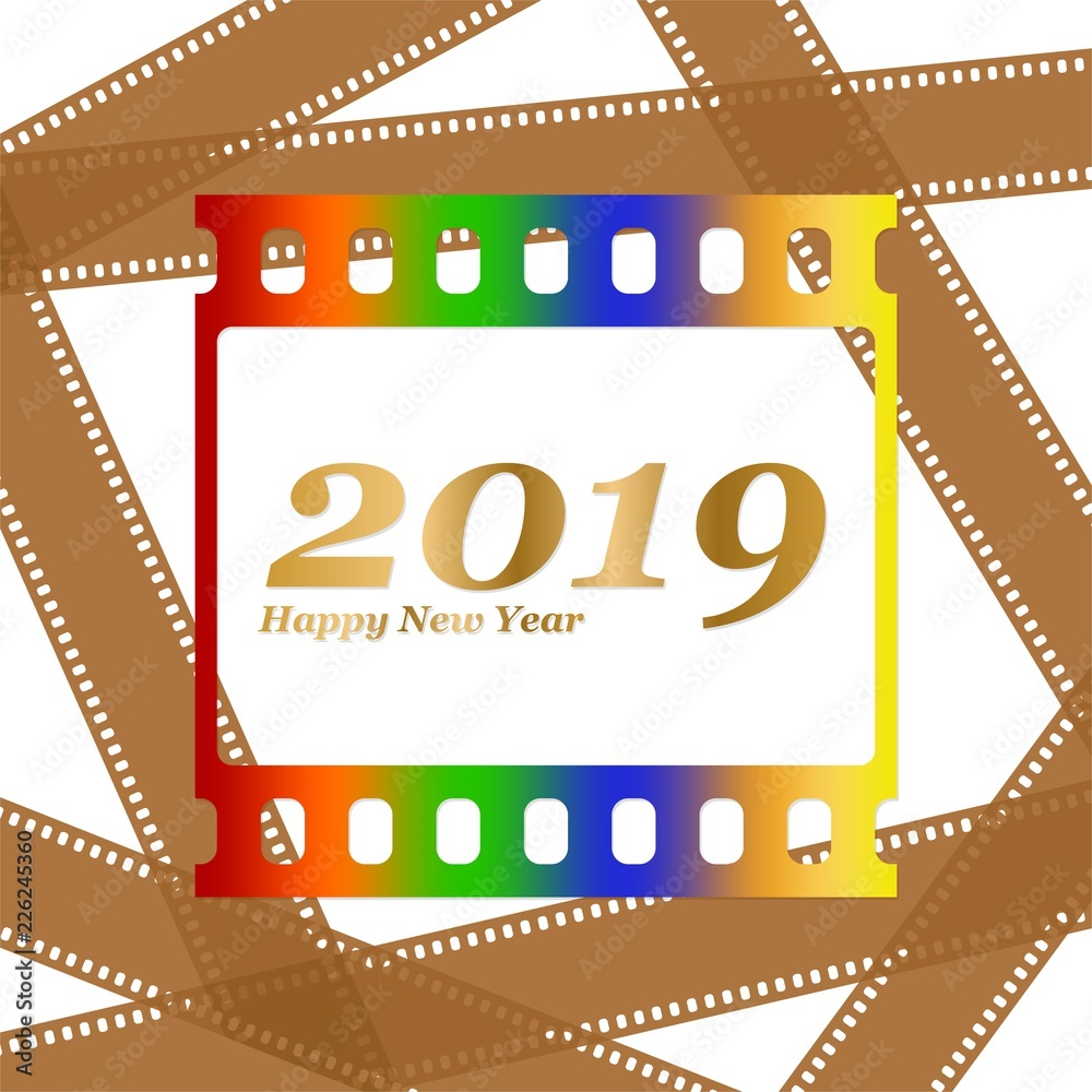 Fototapeta premium New year greetings for 2019 with colorful blank film and photographic window with golden inscription Happy new year and number 2019 on a background of brown film strips